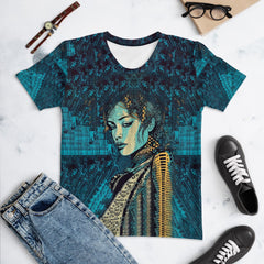 Woman wearing Illustrative Imagination T-shirt with abstract art design.