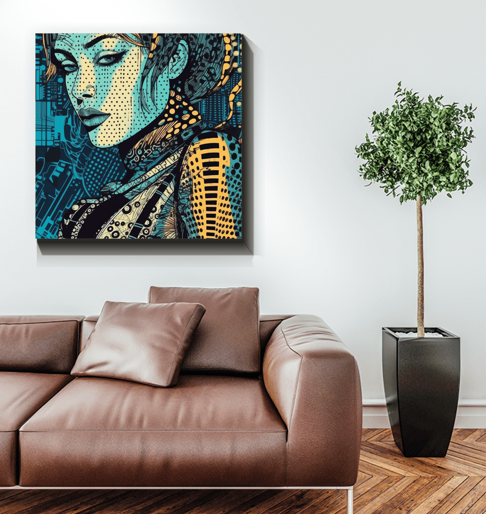Sleek and stylish living space accentuated by the Illustrative Imagination Wrapped Canvas.