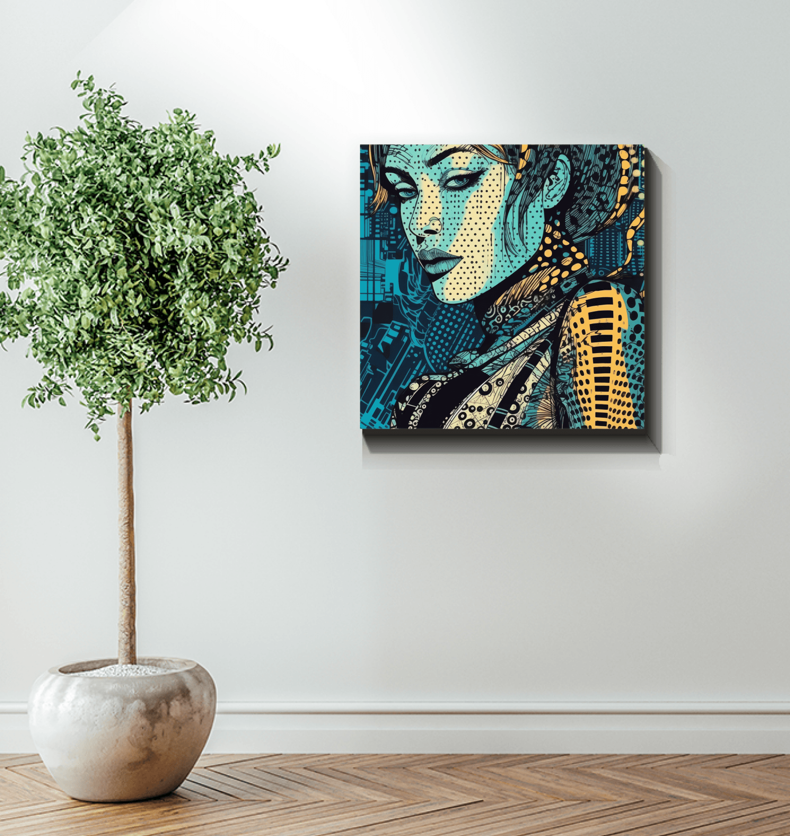 Playful shadows cast by the Illustrative Imagination Wrapped Canvas in soft lighting.