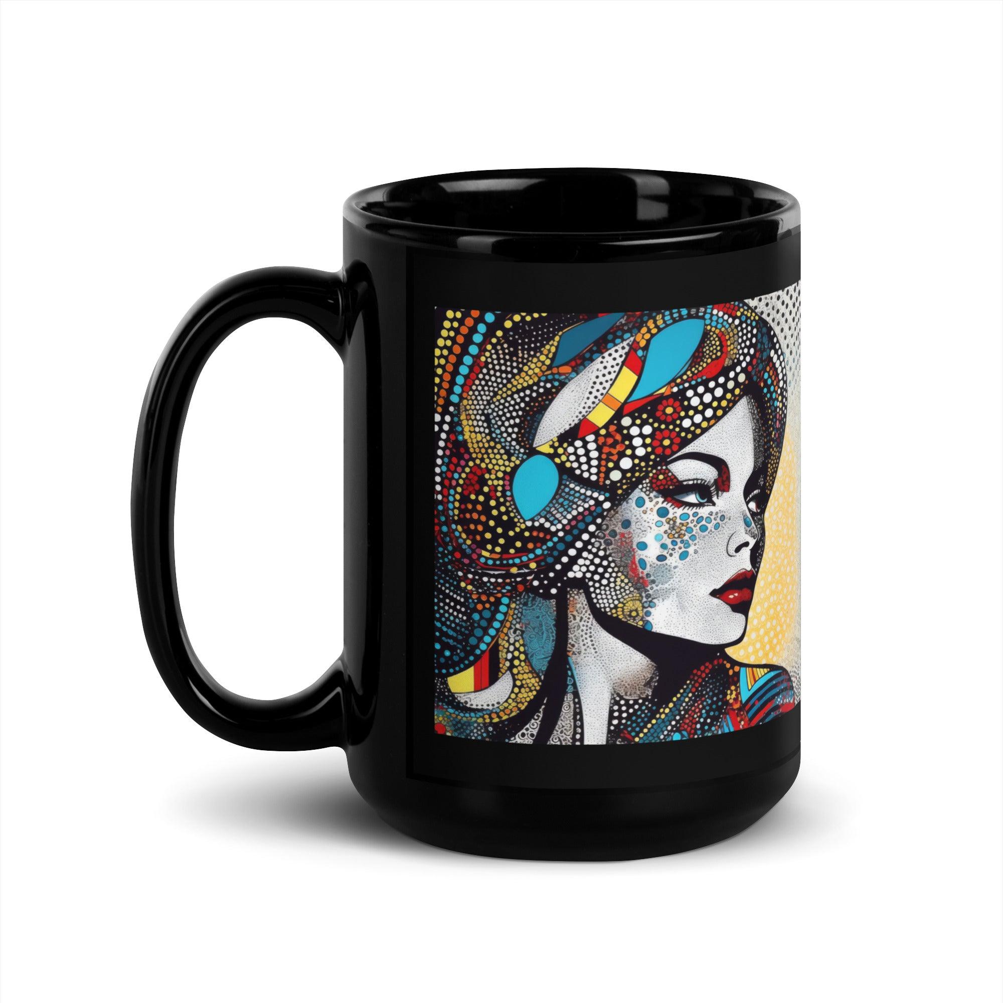Elegant black glossy mug with illustrative design, side view.