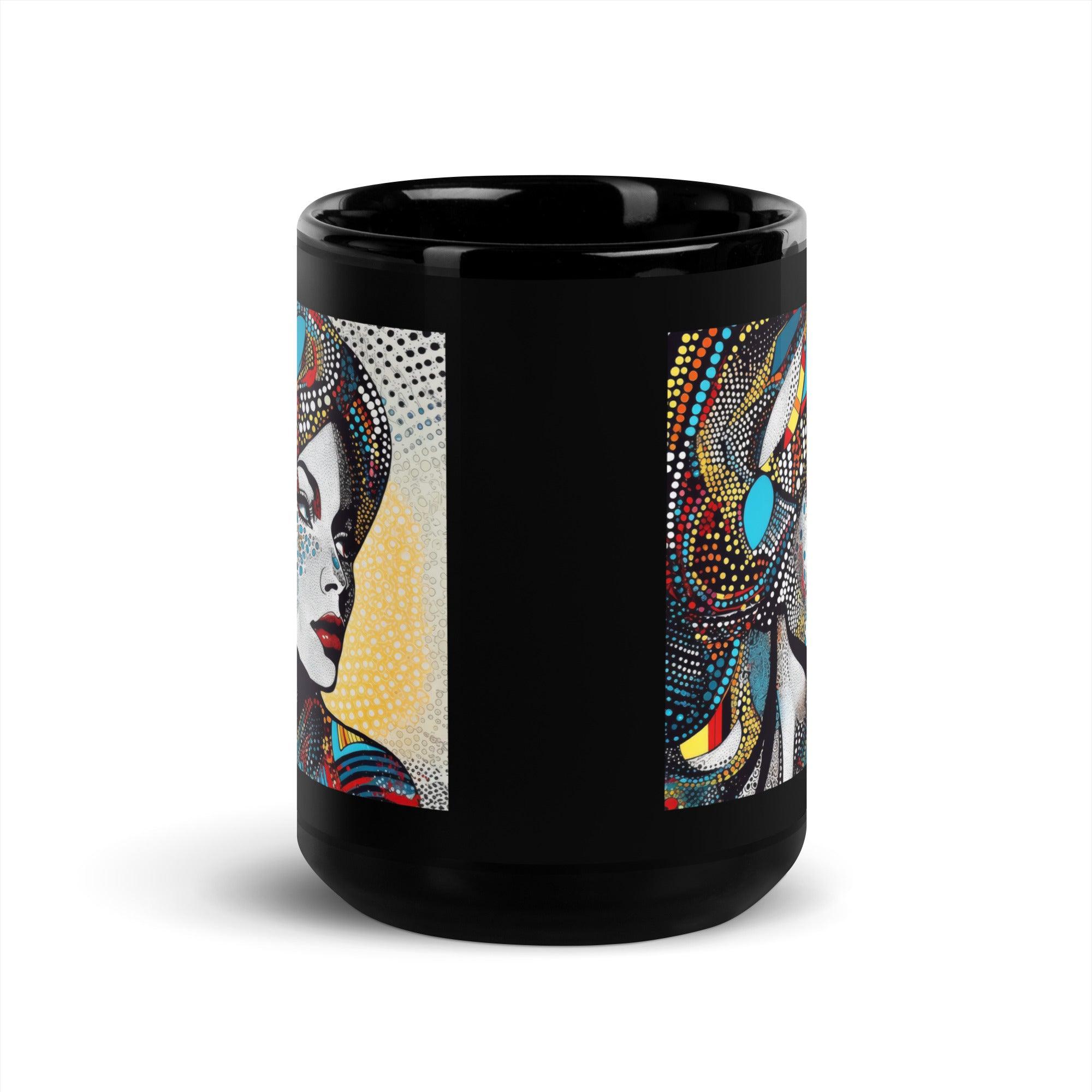 Black glossy mug with unique artwork on wooden table.