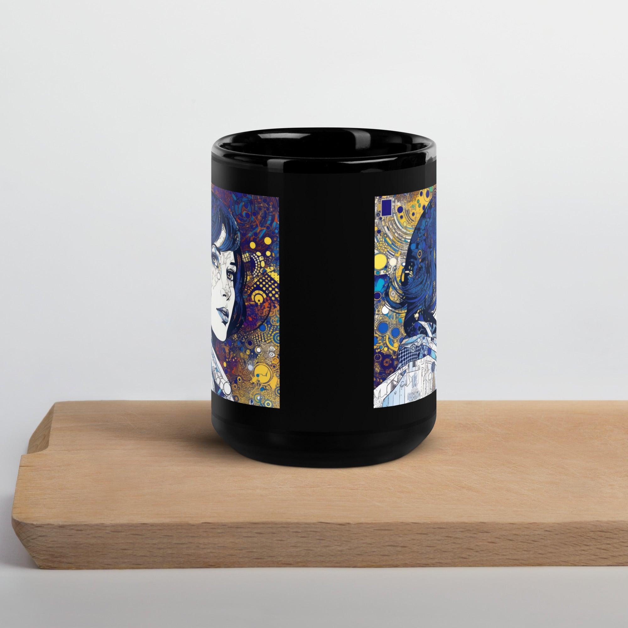 Illustrative Impressions III mug on a table, showcasing its glossy black finish.
