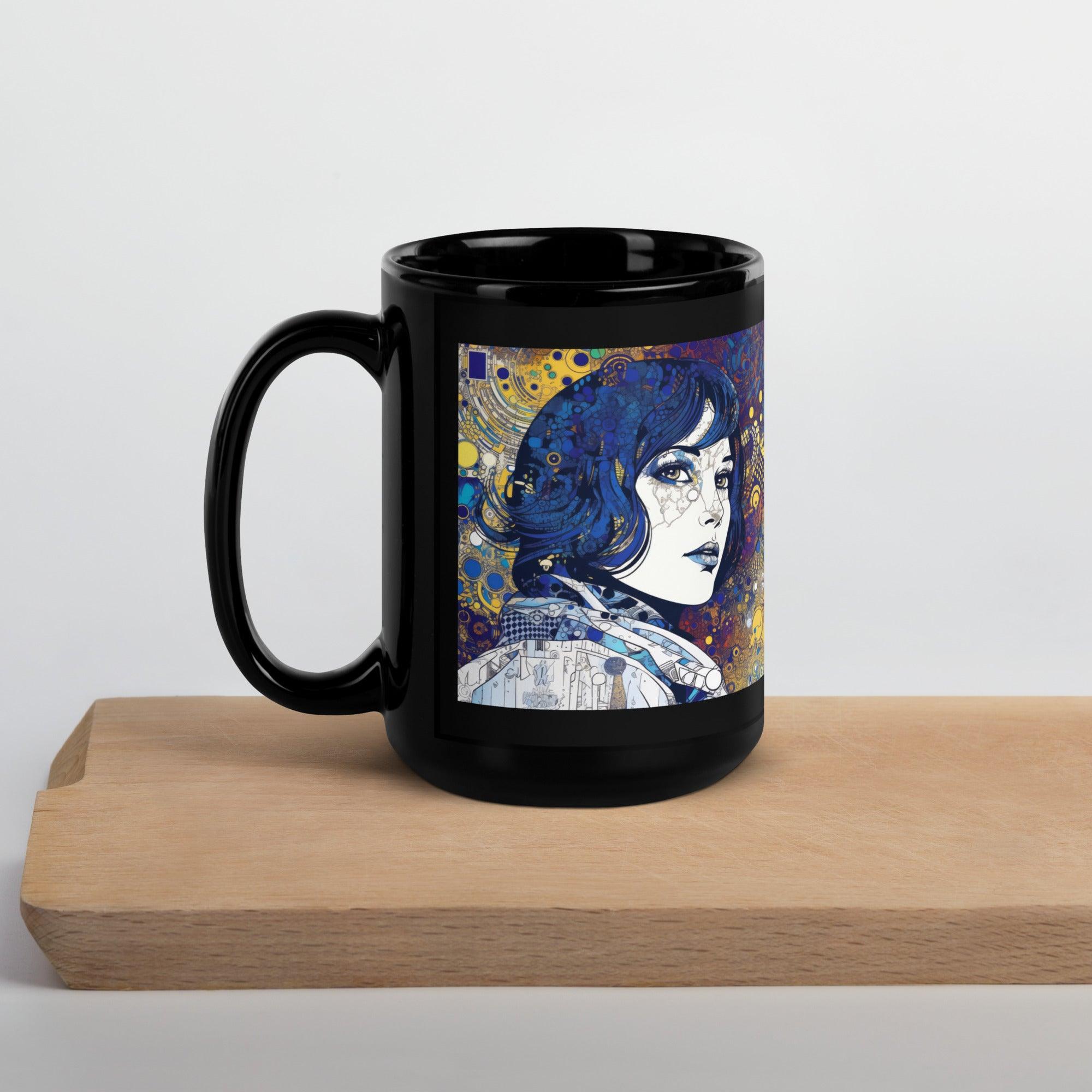 Side view of the Illustrative Impressions III black glossy mug, highlighting the artwork.