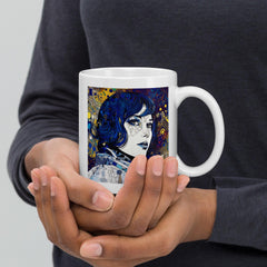 White glossy mug with Illustrative Impressions III design.