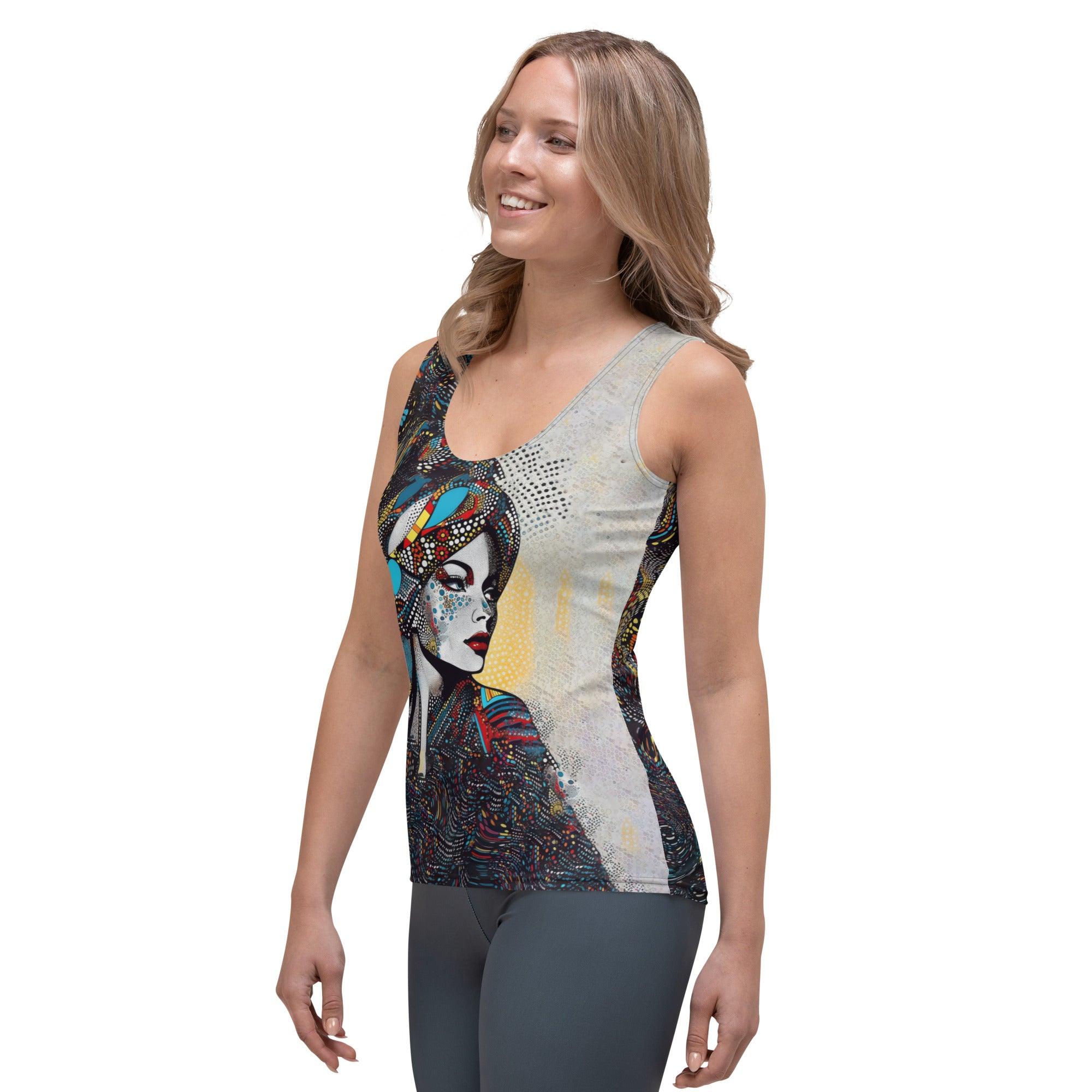 Side view showing the fit of Illustrative Impressions tank top.