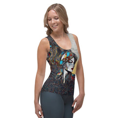 Detailed stitching of Illustrative Impressions sublimation tank top.