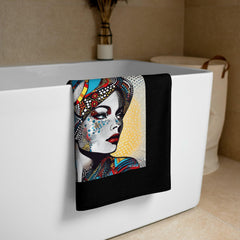 Colorful illustrative impressions on a luxurious bathroom towel.