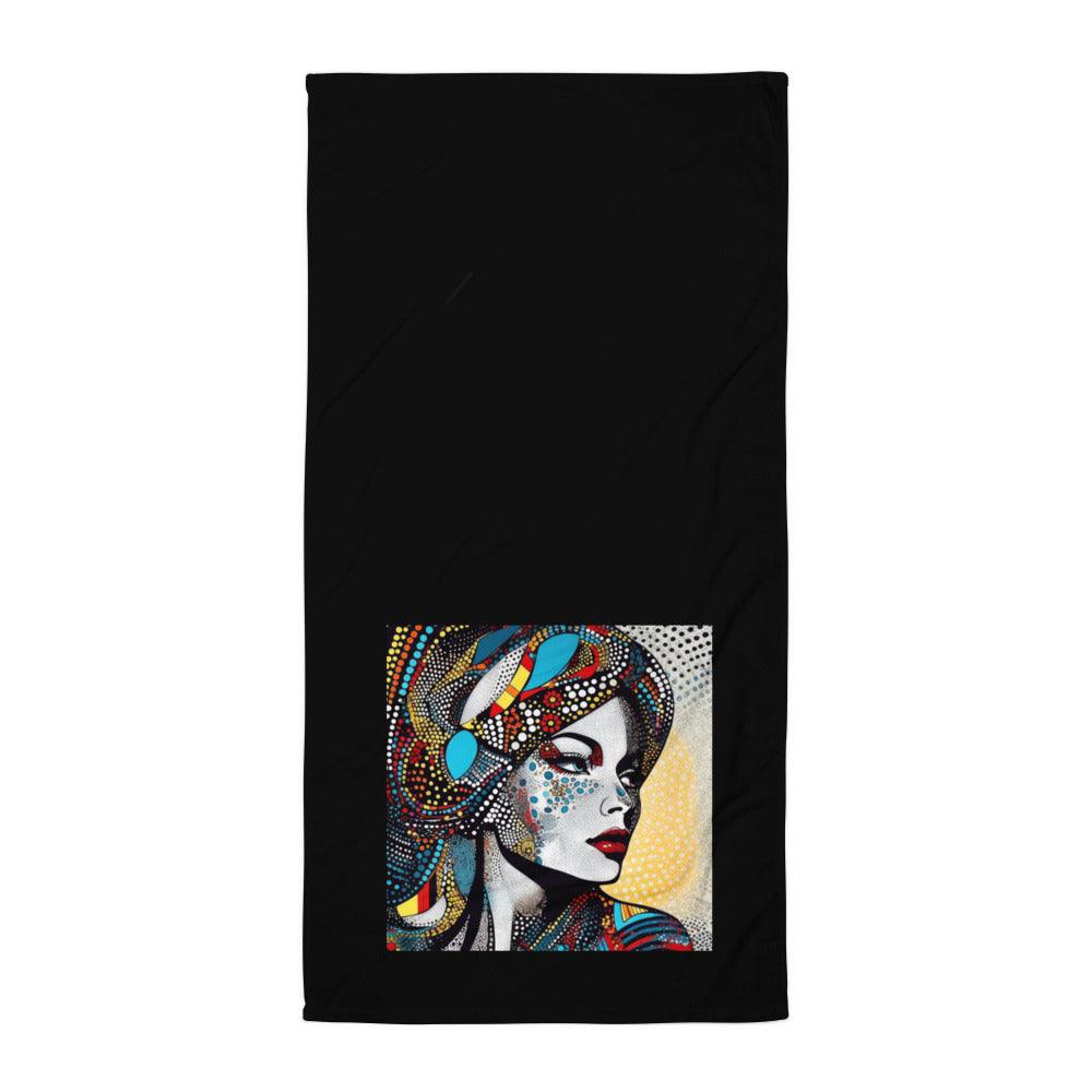 Art-inspired illustrative impressions towel in vibrant colors.