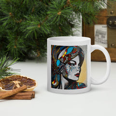 Illustrative Impressions art-themed white glossy mug on a wooden table.