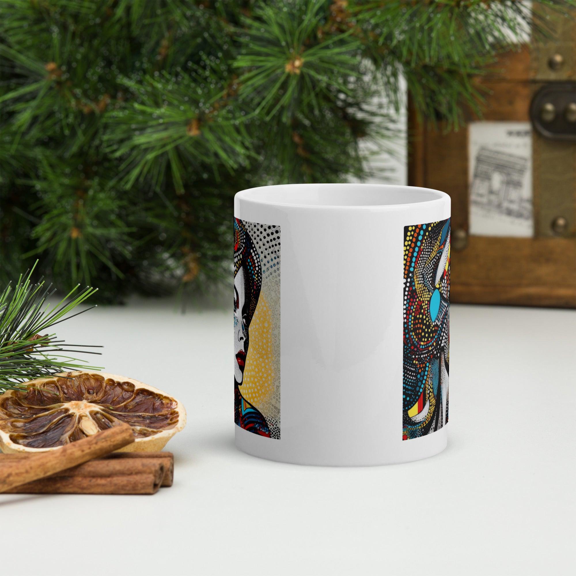 Hand holding Illustrative Impressions white glossy mug filled with coffee.