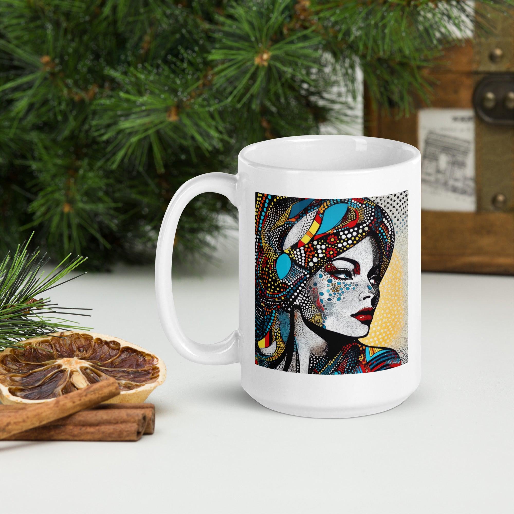 Art-inspired Illustrative Impressions white glossy mug beside a stack of books.