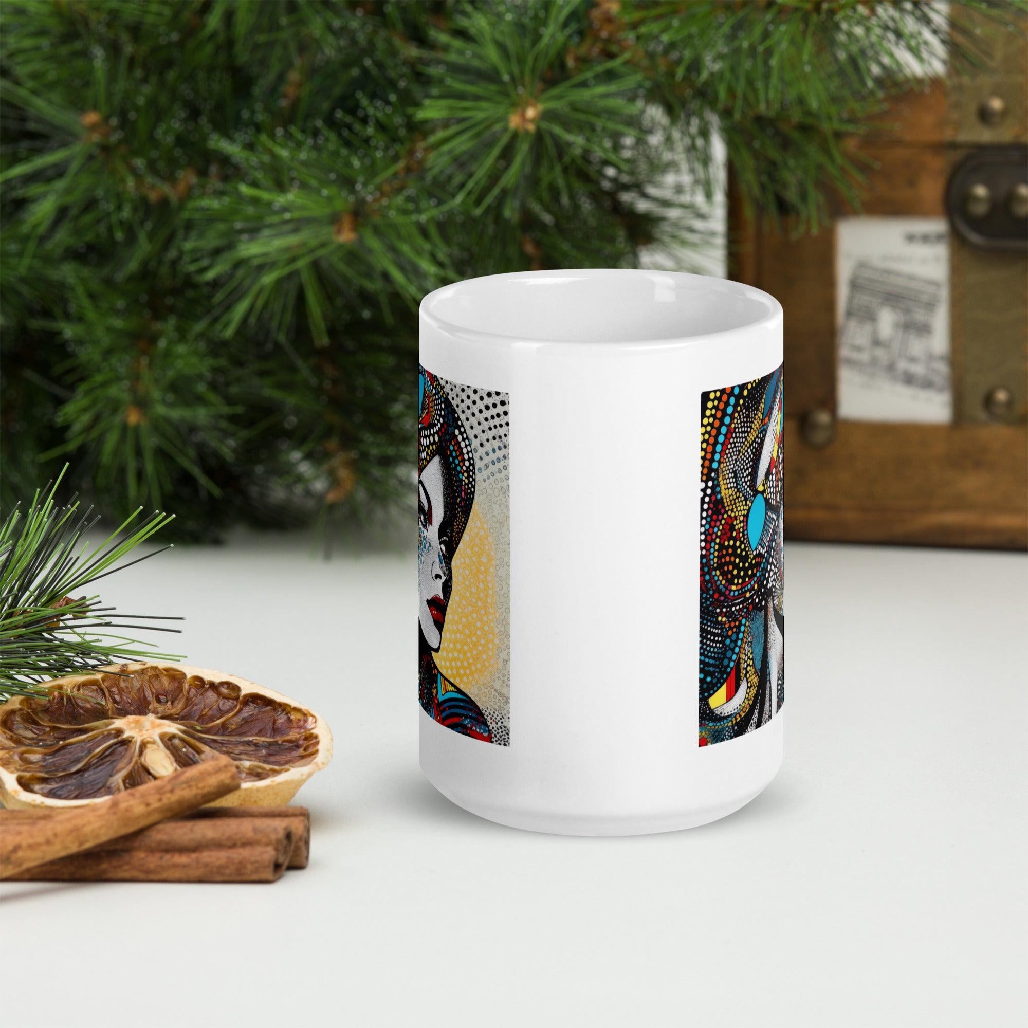 Elegant white glossy mug with Illustrative Impressions design, gift idea.