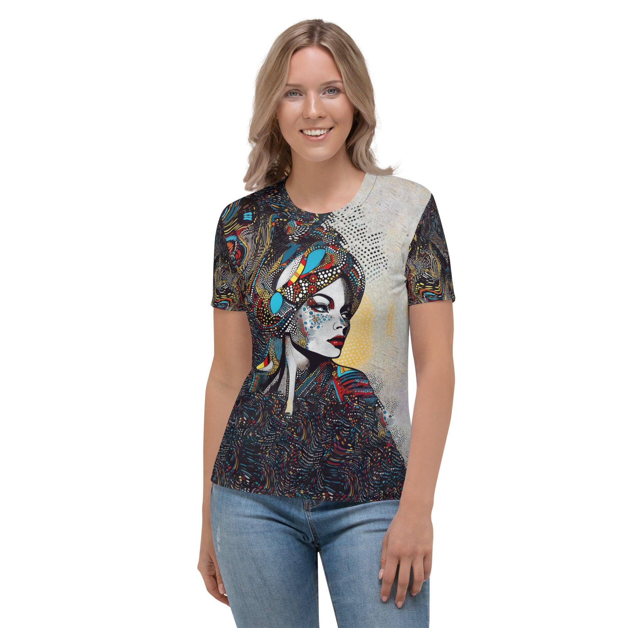 Woman wearing Illustrative Impressions T-shirt lifestyle shot.