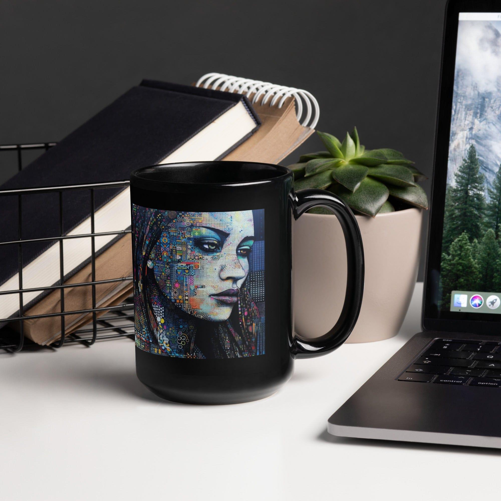 Black glossy mug with inspirational artwork for coffee enthusiasts.
