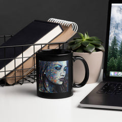 Close-up of Illustrative Inspiration mug showing its sleek black finish.