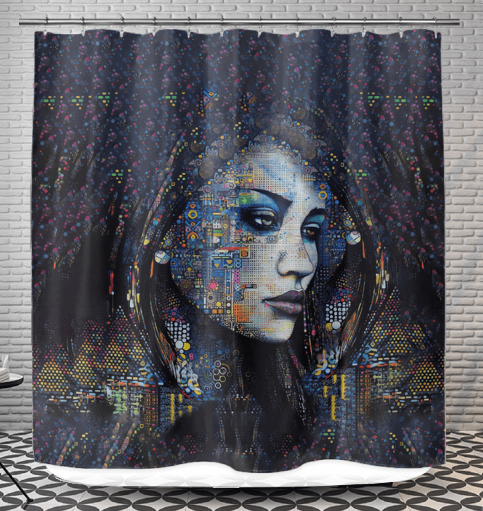 Illustrative Inspiration Shower Curtain with vibrant artistic design.