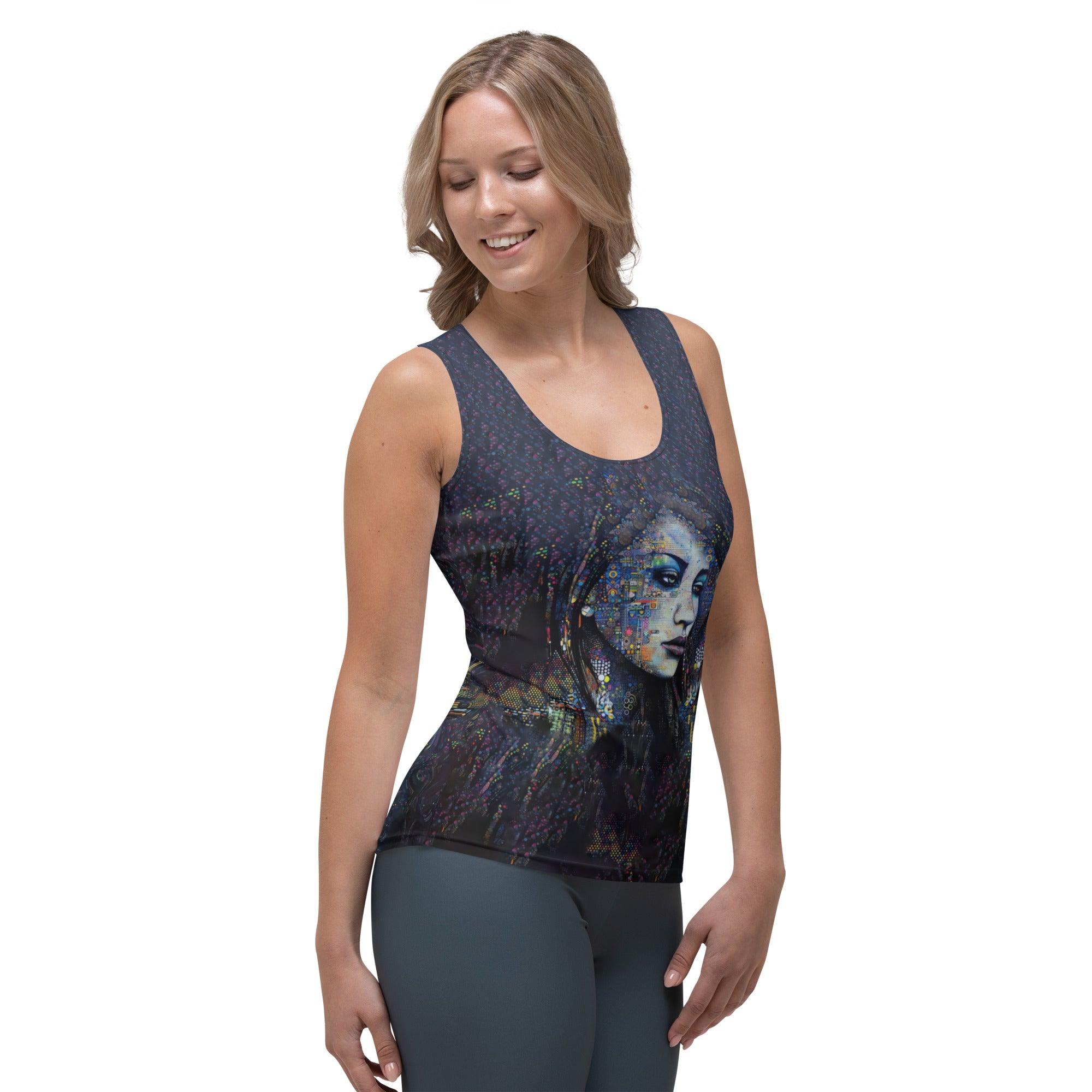 Model wearing Illustrative Inspiration Sublimation Tank.