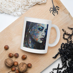 White Glossy Mug with Illustrative Design.