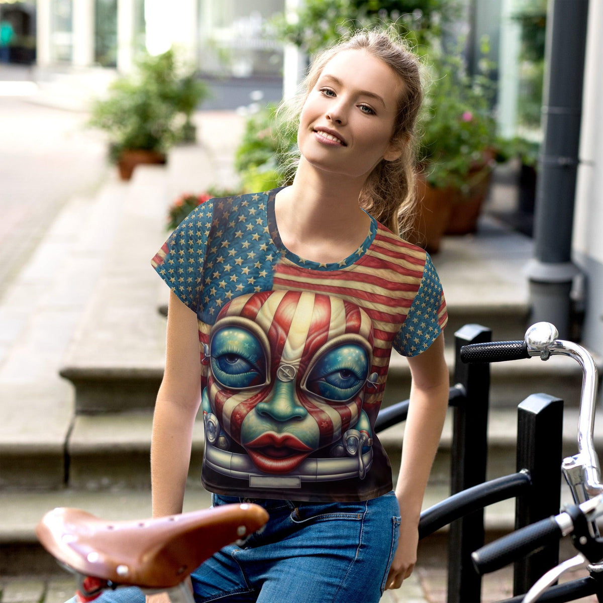 Colorful all-over print crop tee with freedom-themed design