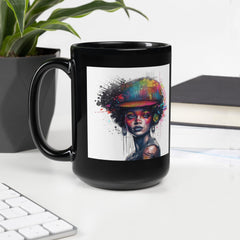 Ink Inspiration Black Glossy Mug filled with steaming coffee.