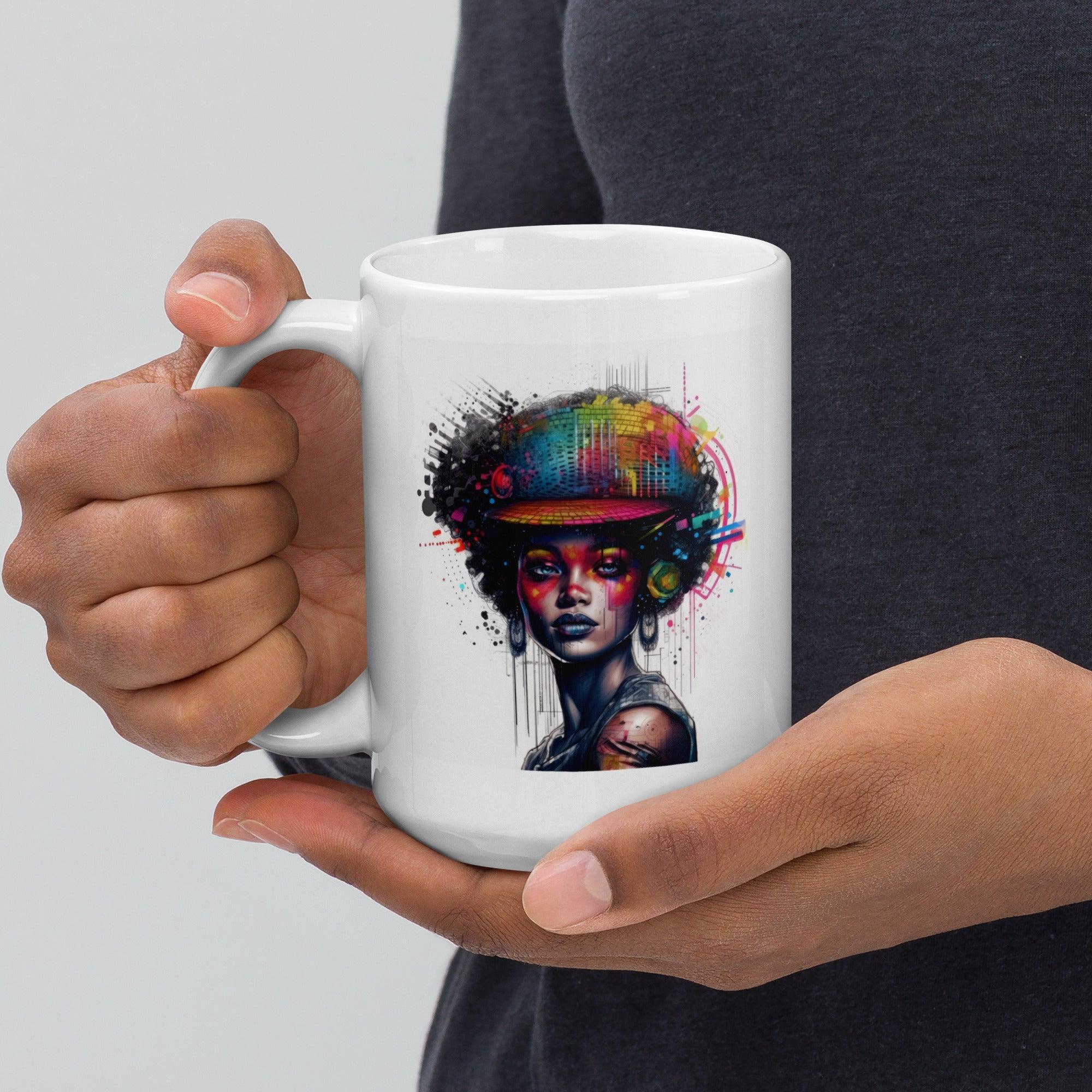 Hand holding the Ink Inspiration White Mug, showcasing its handle.