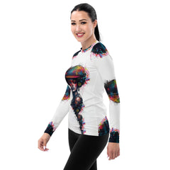 Ink Inspiration Rash Guard for women being worn at the beach.