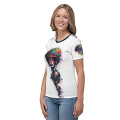 Woman wearing Ink Inspiration T-shirt, casual style.