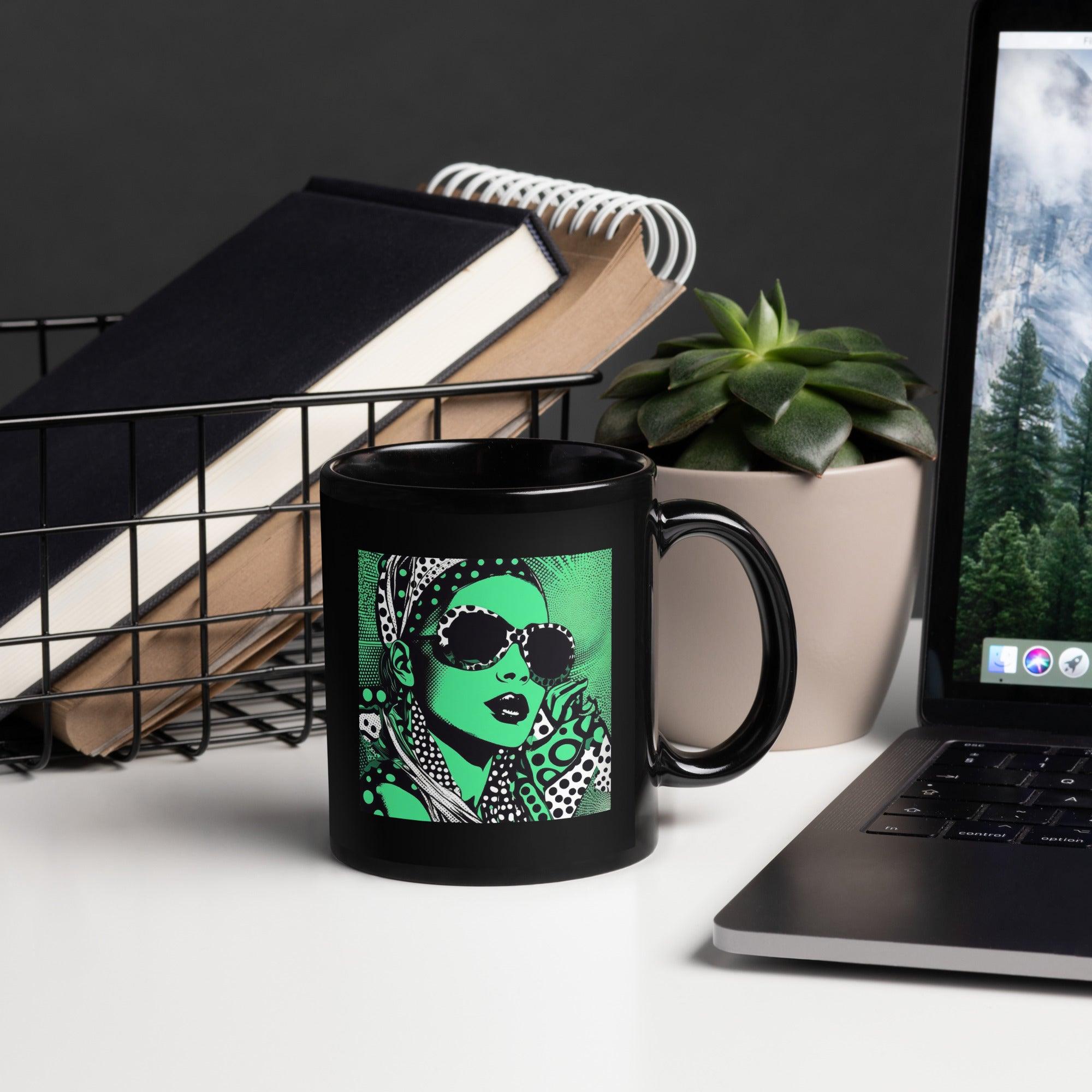 Close-up of Inked Ideation black glossy coffee mug.