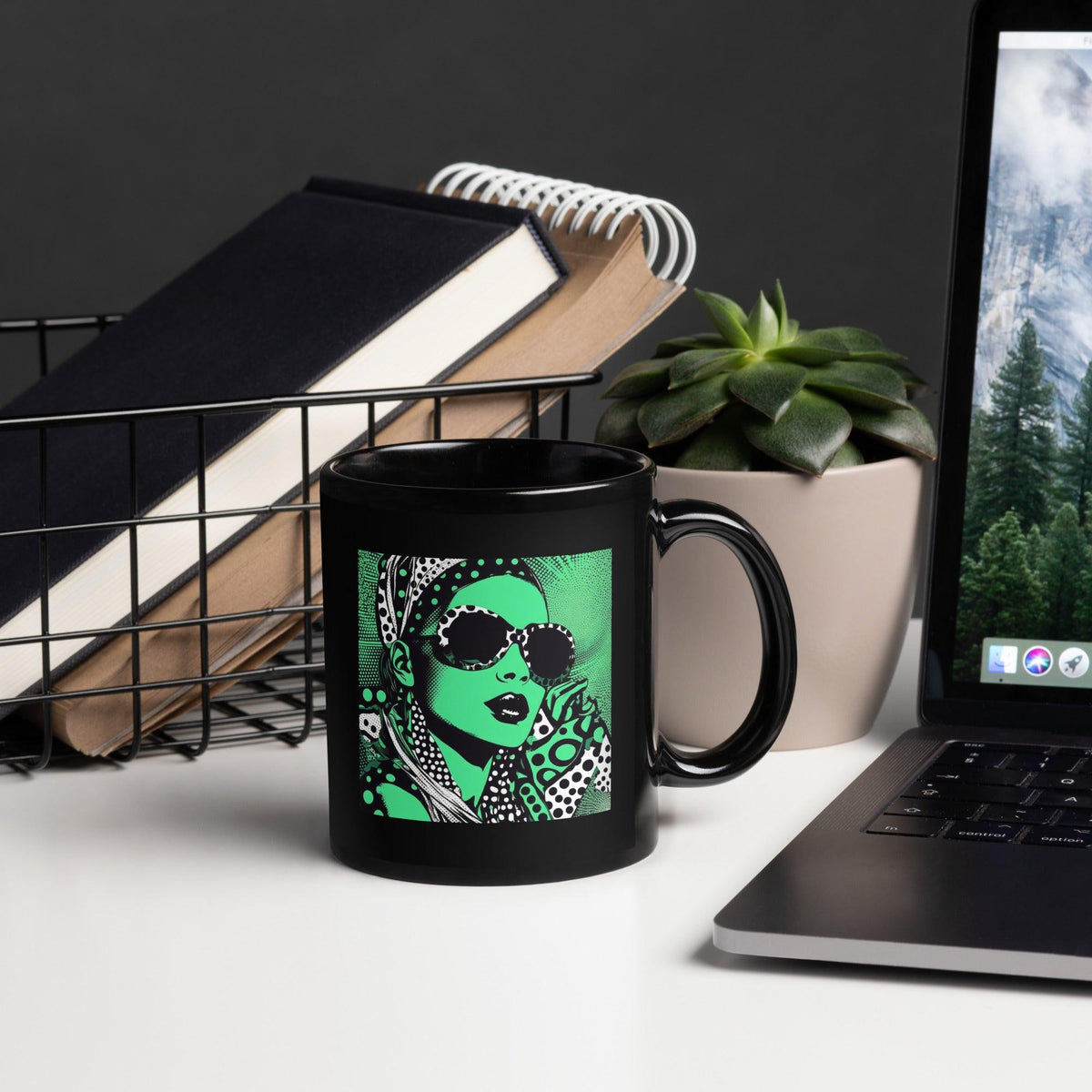 Close-up of Inked Ideation black glossy coffee mug.