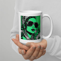 Elegant white glossy mug with artistic ink design, ideal for gifting.