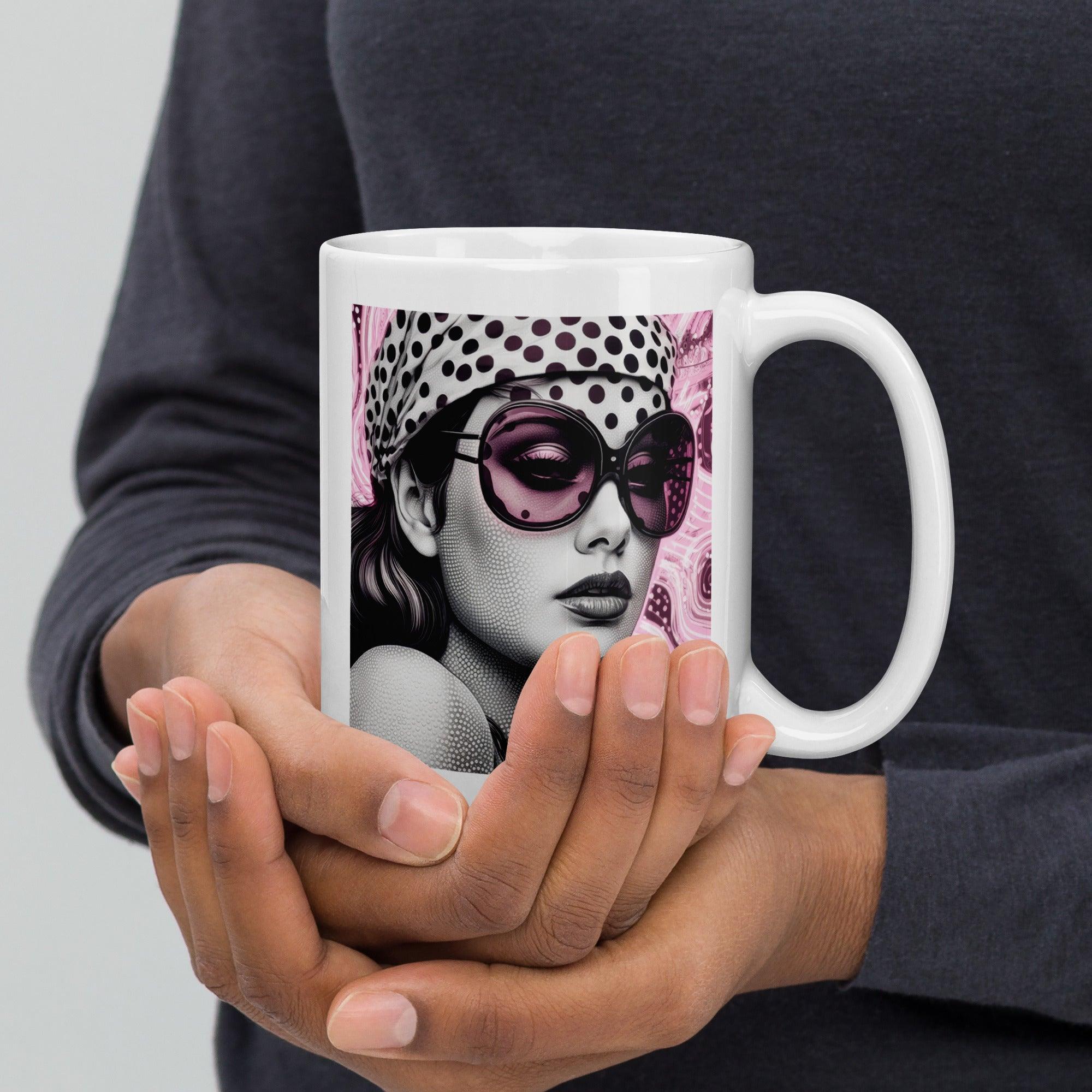 Close-up of Inked Impressions II white glossy mug with artistic design.