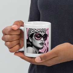 Hand holding the Inked Impressions II white glossy artistic mug.