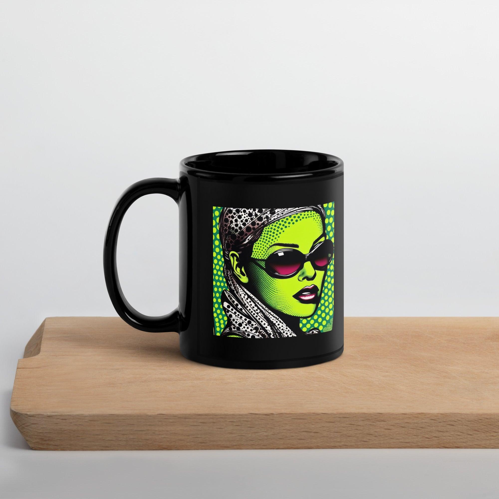 Elegant black coffee mug on wooden table.