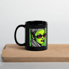 Elegant black coffee mug on wooden table.
