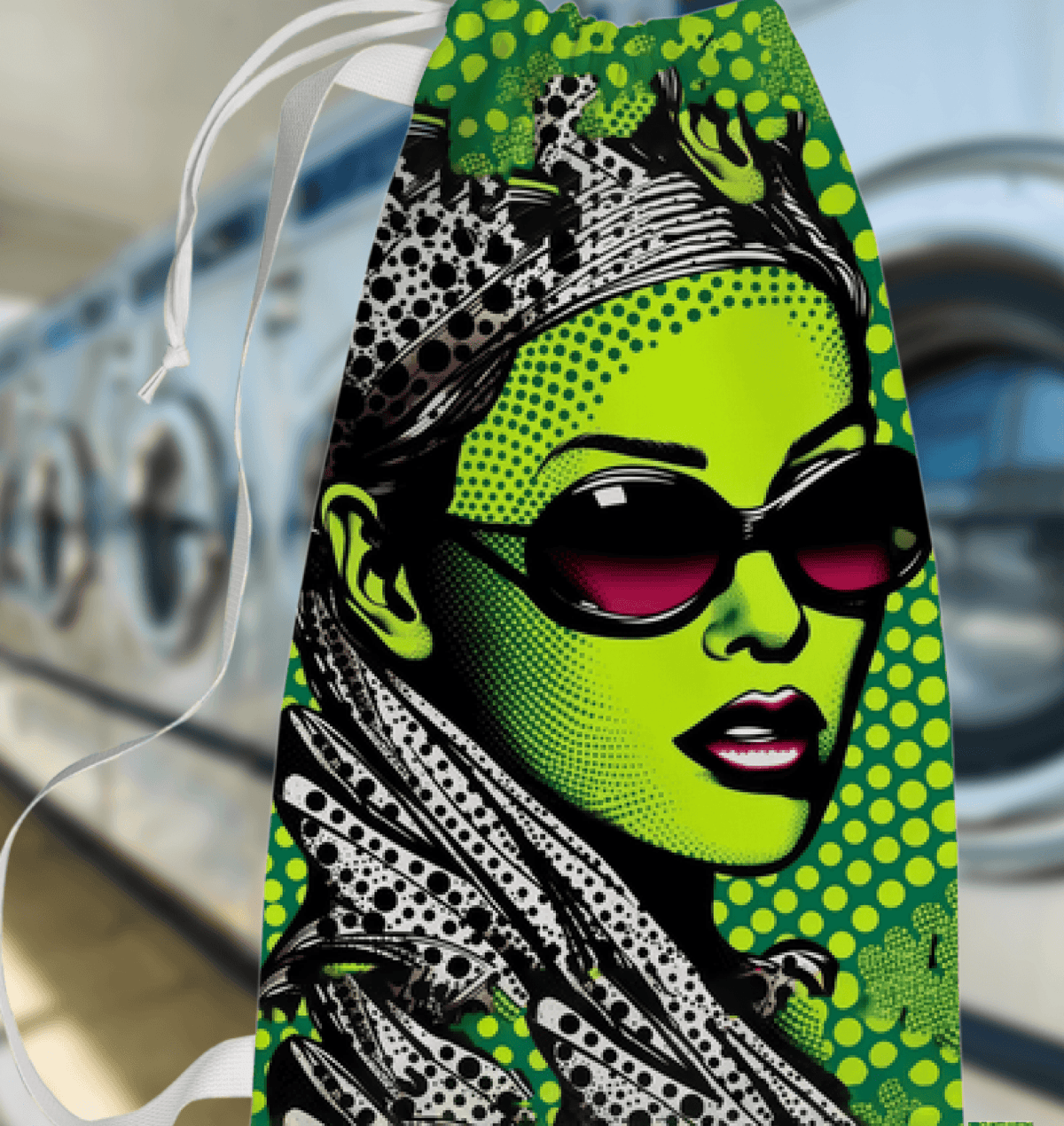 Detailed view of Inked Impressiveness patterned laundry bag.