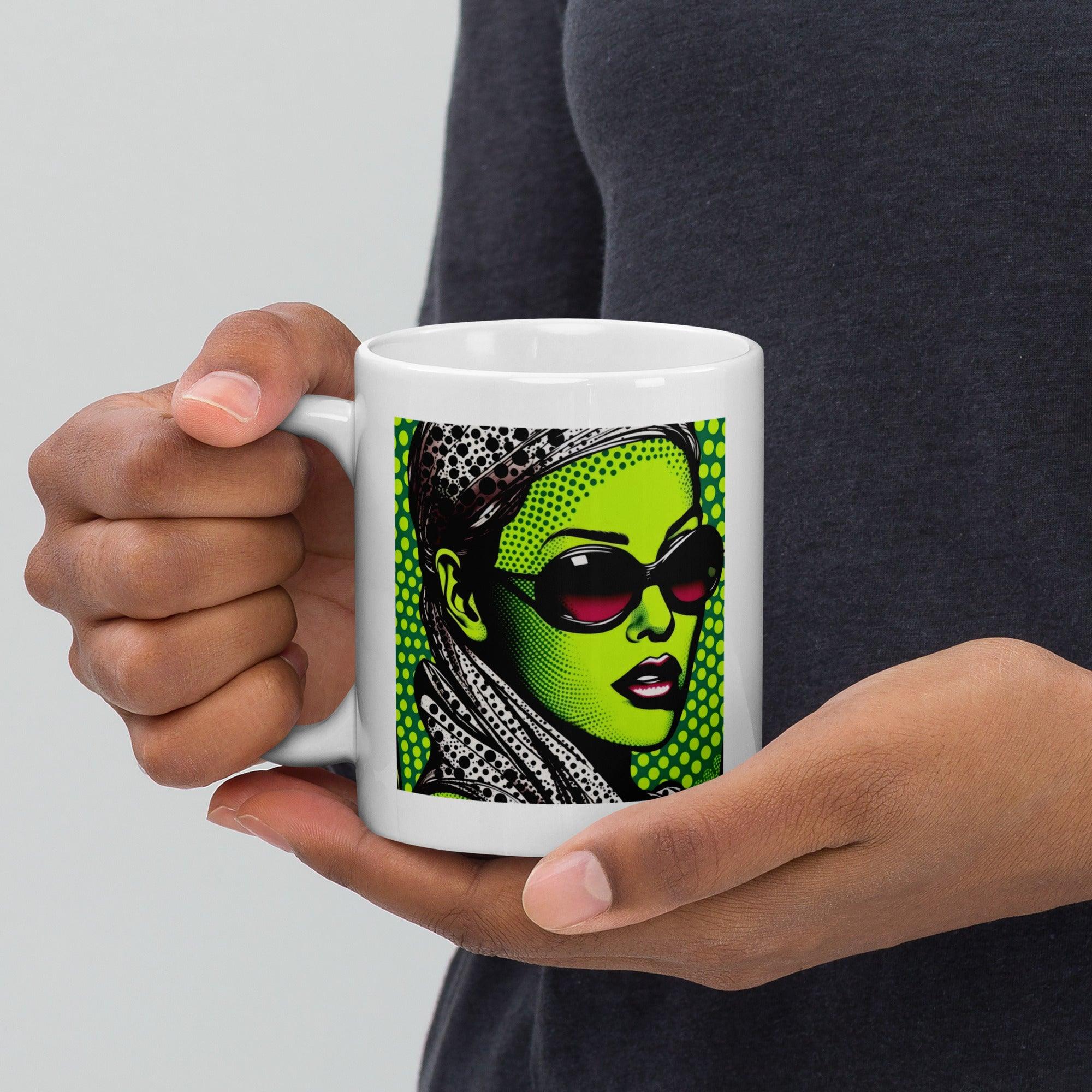 Person holding an Inked Impressiveness white glossy mug filled with coffee.