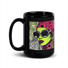 Inked Intensity black glossy mug on a wooden table