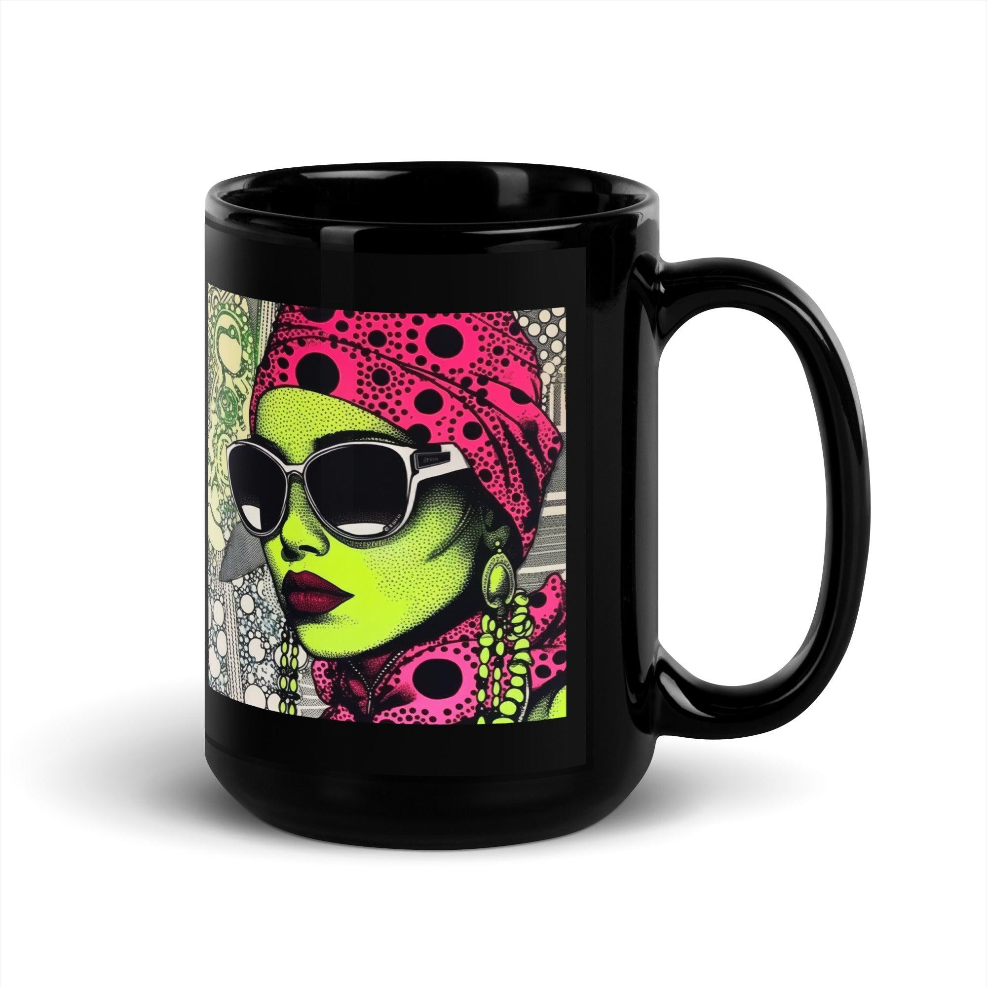 Hand holding the Inked Intensity glossy black coffee mug