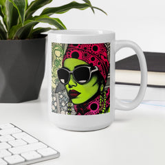 White glossy mug from Inked Intensity filled with coffee.