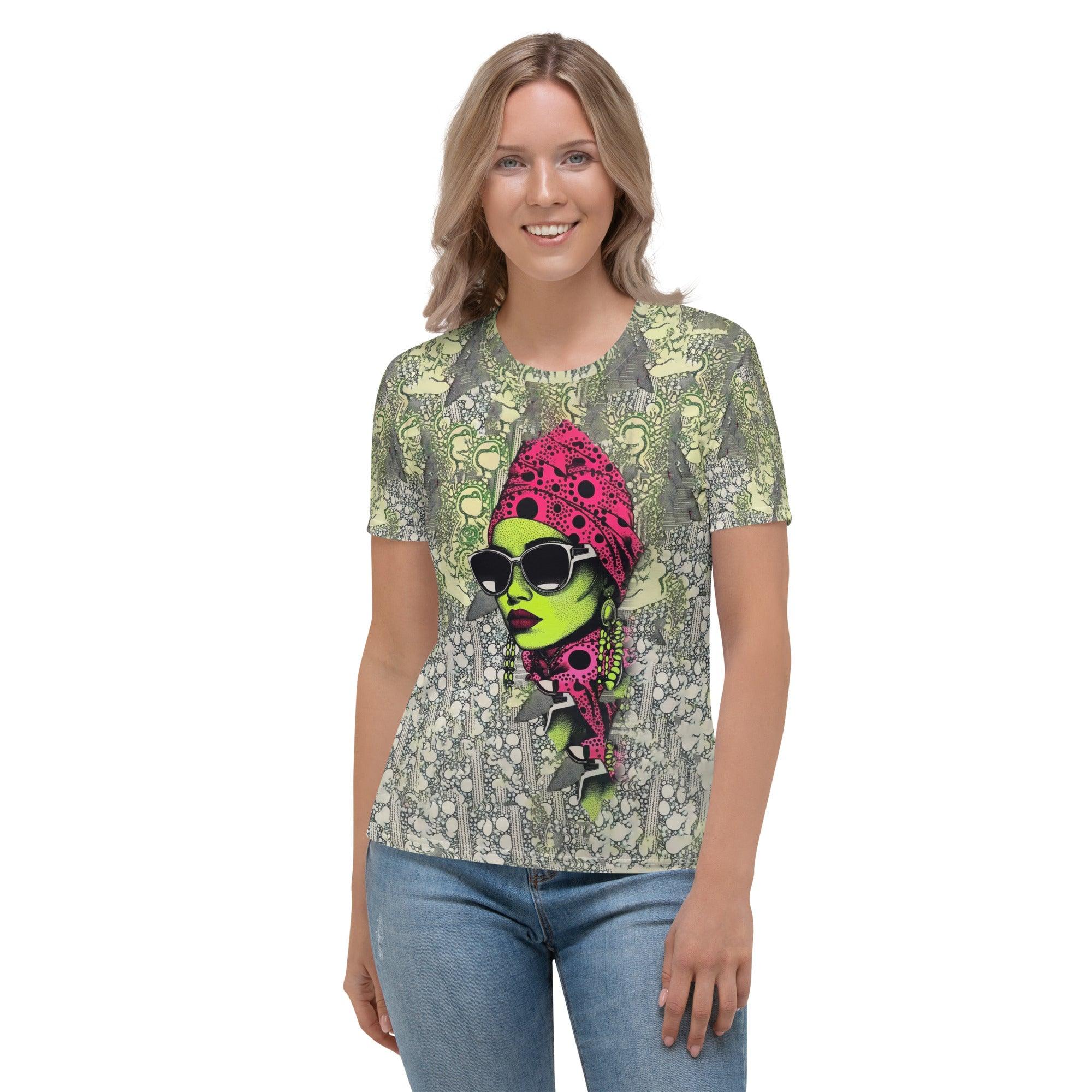 Inked Intensity Women's T-shirt on display with artistic background.