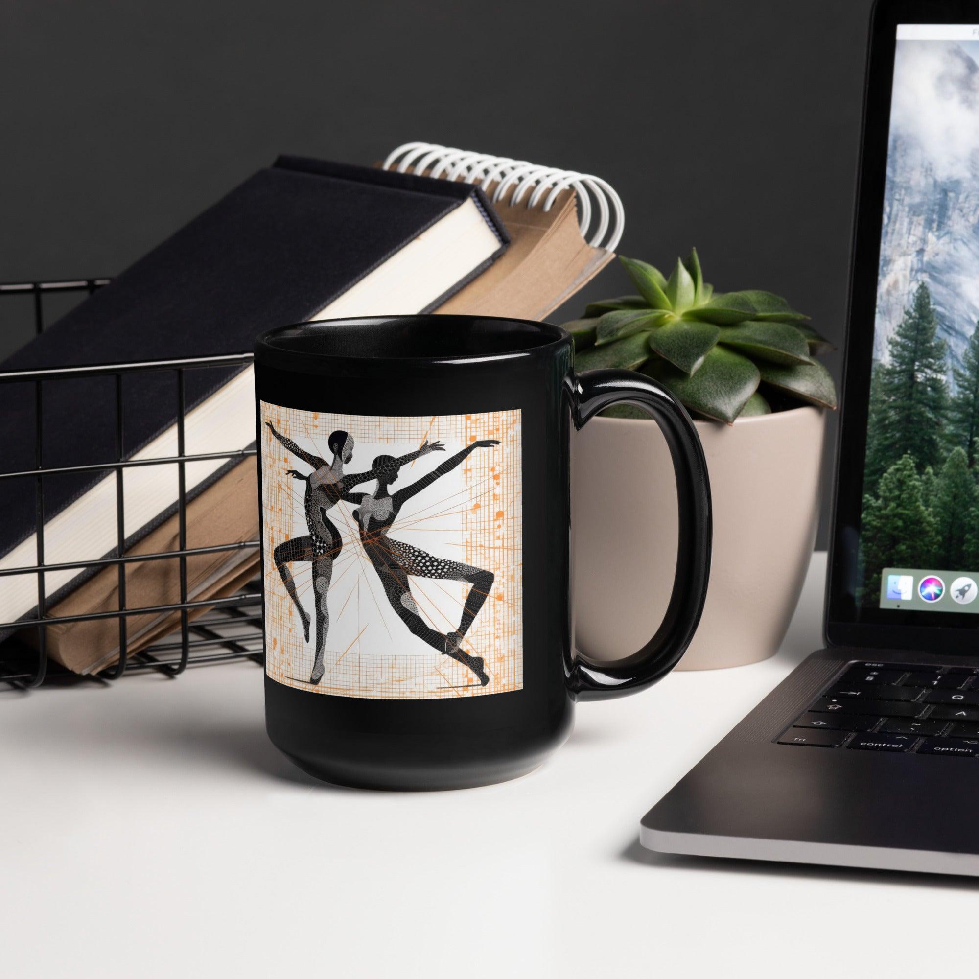 Elegant black coffee mug featuring artistic dance motifs.