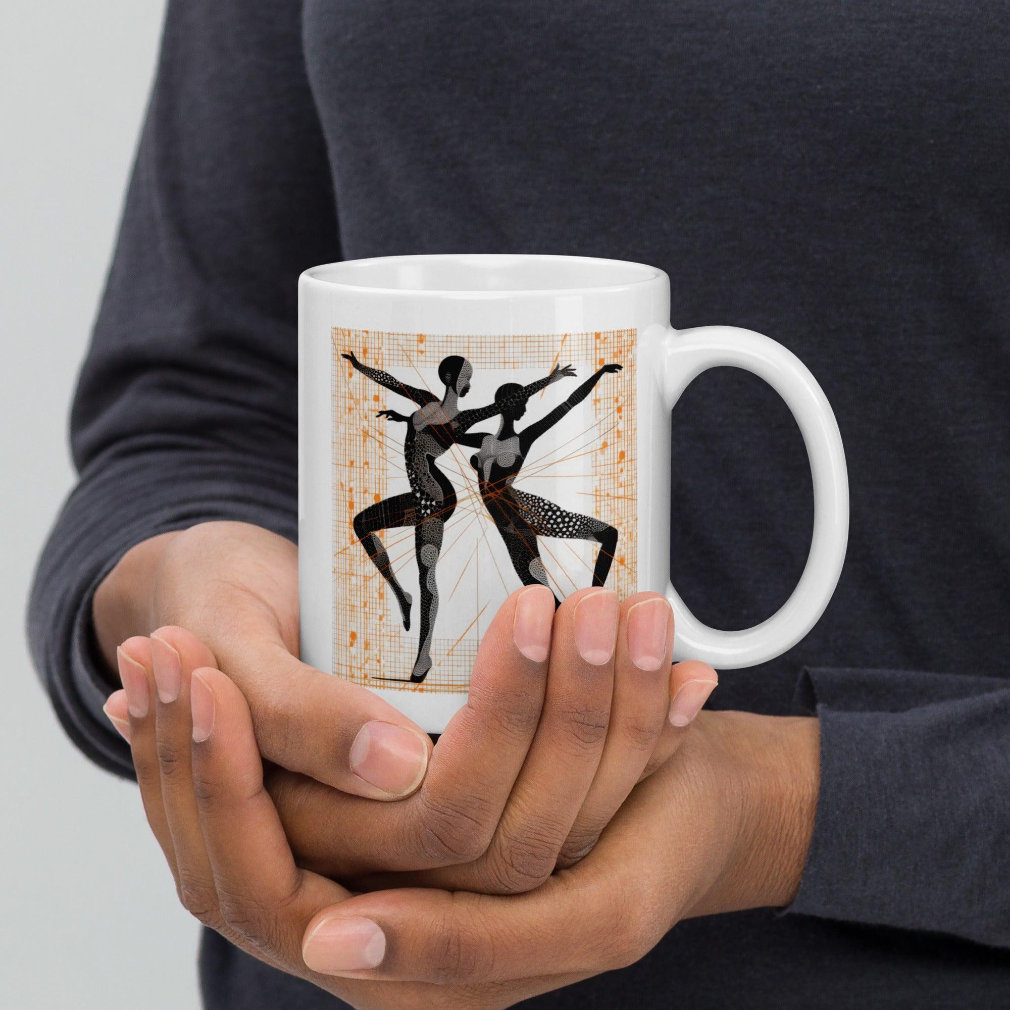 Elegant dance flair design on a white coffee mug.