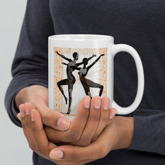 White mug featuring an artistic feminine dance design.