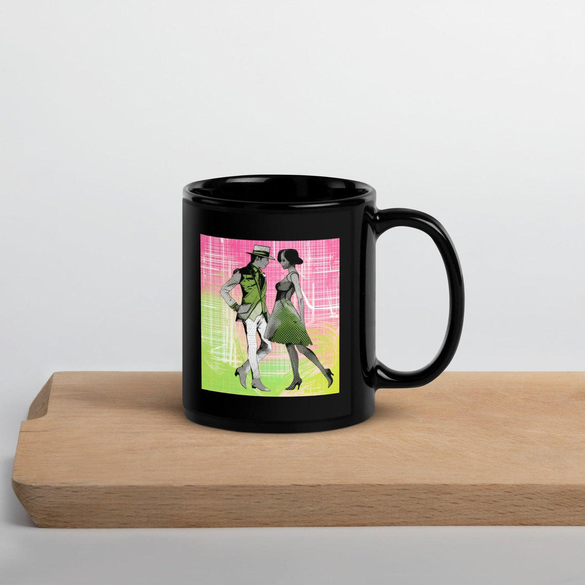 Black glossy mug with dance motif for women.