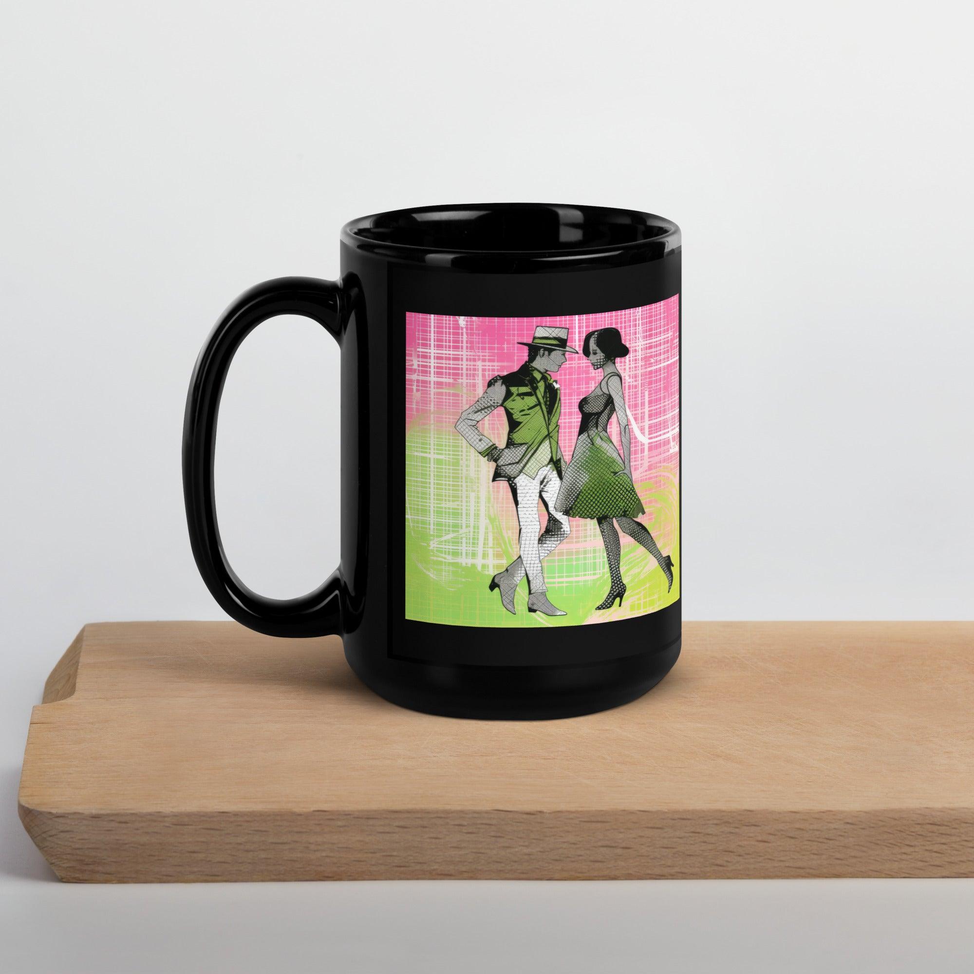 Elegant black coffee mug celebrating women in dance.