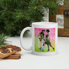 Mug featuring female dancer silhouette on glossy white background