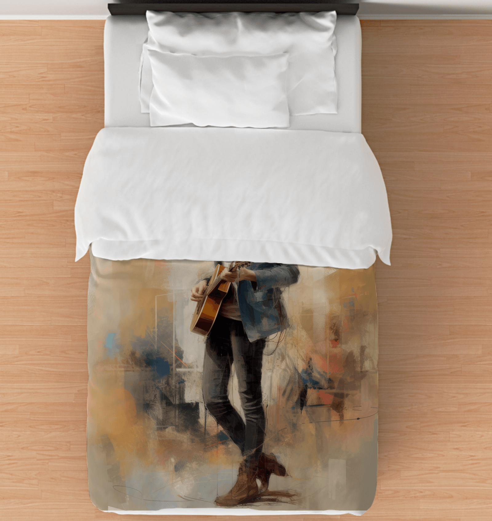 Stylish and cozy twin-sized Jazz Improvisations Comforter for a music lover's bedroom.