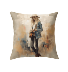 Jazz-themed decorative indoor pillow showcasing musical notes and instruments design.