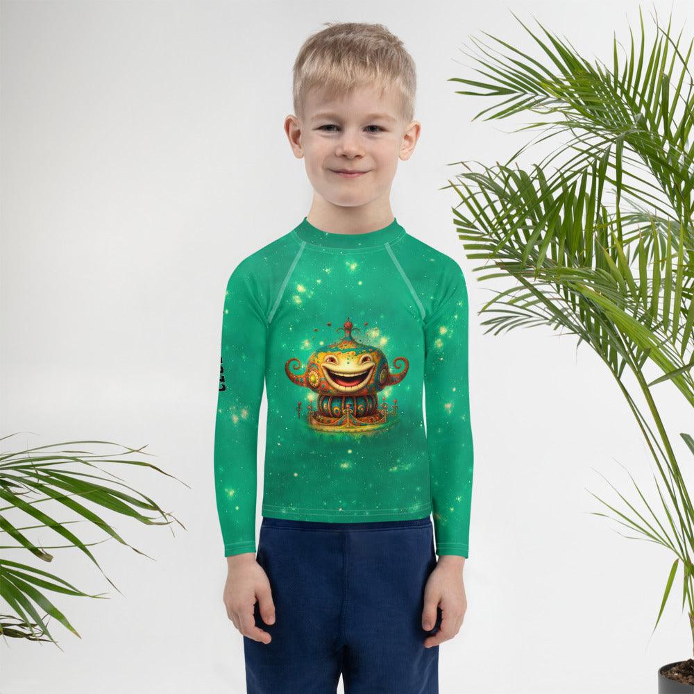 Colorful carousel pattern kids rash guard for pool and beach.