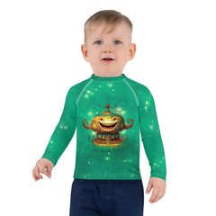 Child in carousel-themed rash guard with UV protection.